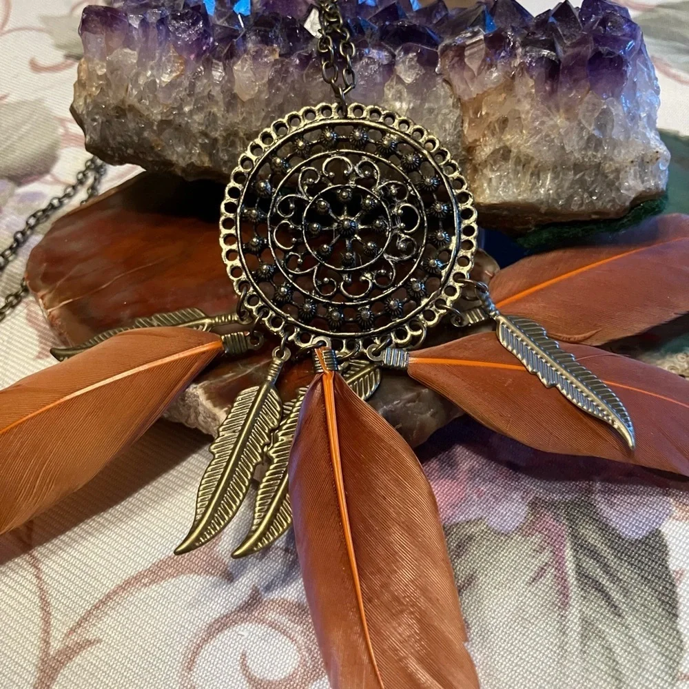 Gold and Orange Dreamcatcher Necklace